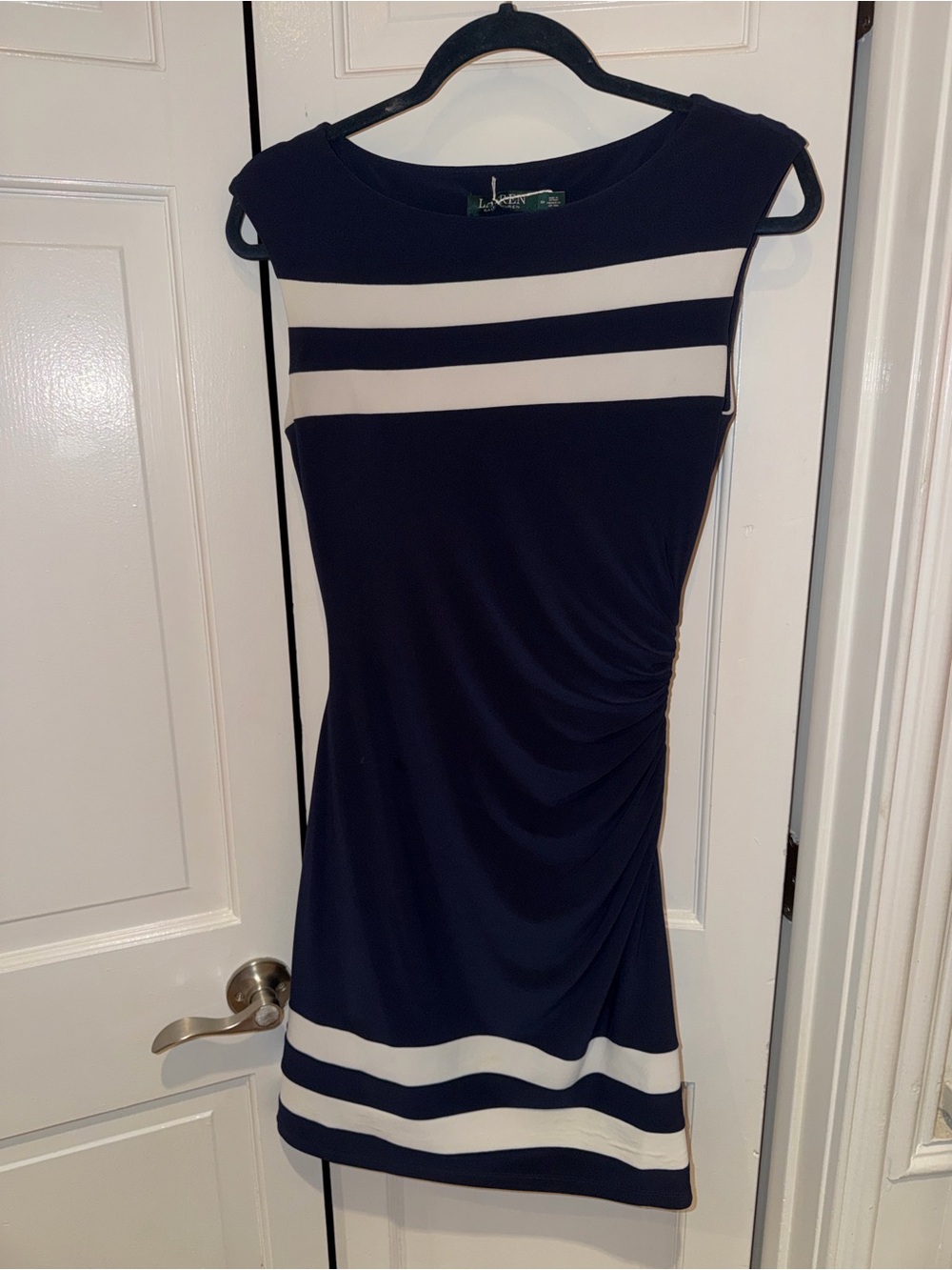 Lauren Ralph Lauren Navy and White Striped Cap-Sleeve Sheath Dress